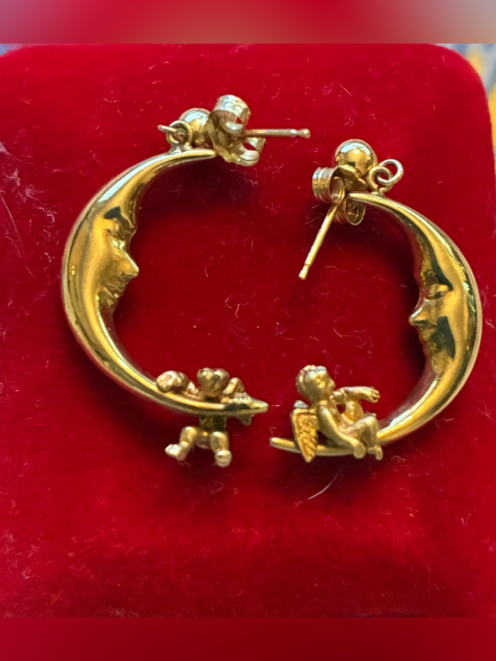 18K Angel Cherub Crescent Moon Earrings